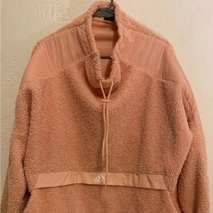 EUC $75 Adidas High Neck Pink Sherpa Pullover Sweatshirt Teddy Jacket Size XL